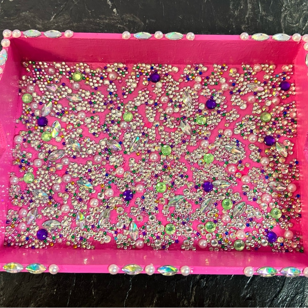 Hand Crafted Hot Pink Jeweled Decorative Tray